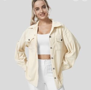 Collared button pocket long sleeve curved hem corduroy casual jacket